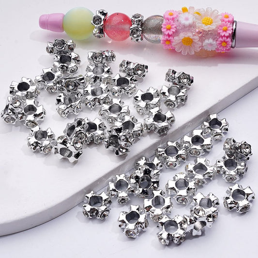 z-Silver Alloy Metal Cross Shape Spacer with Large Hole Clear Rhinestones, 12MM