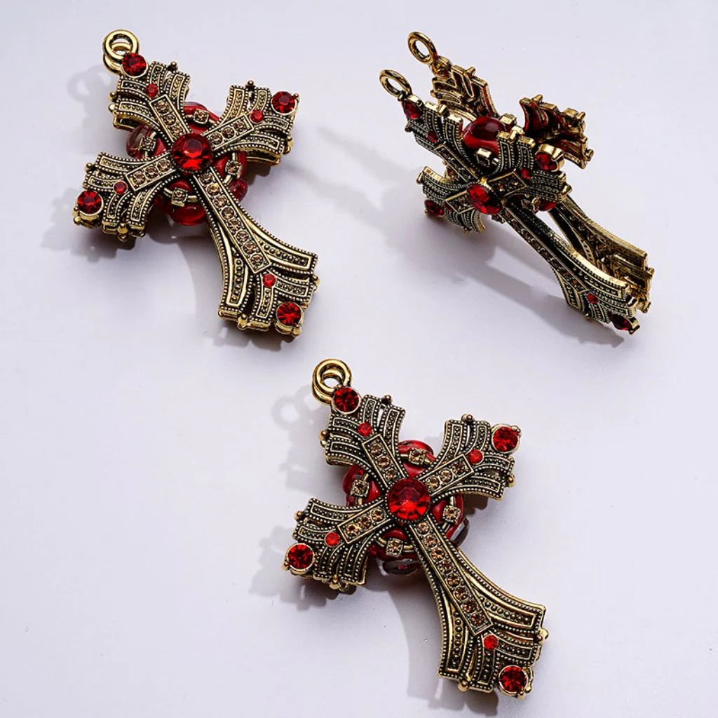 z-Large Delicate Fancy Dark Gold Alloy Cross with Small Ring Shiny Rhinestones Clay Beads, Around 74*52MM