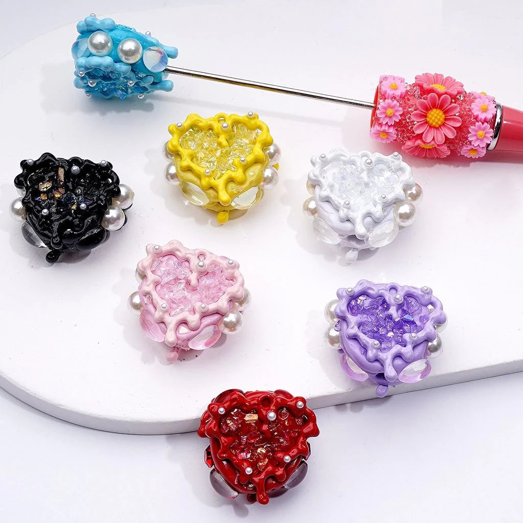 z-Cute Fancy Hand Painted Heart Frame with White Pearls Clear Oval Pearls Mini Stones Clay Beads, Around 24*28MM