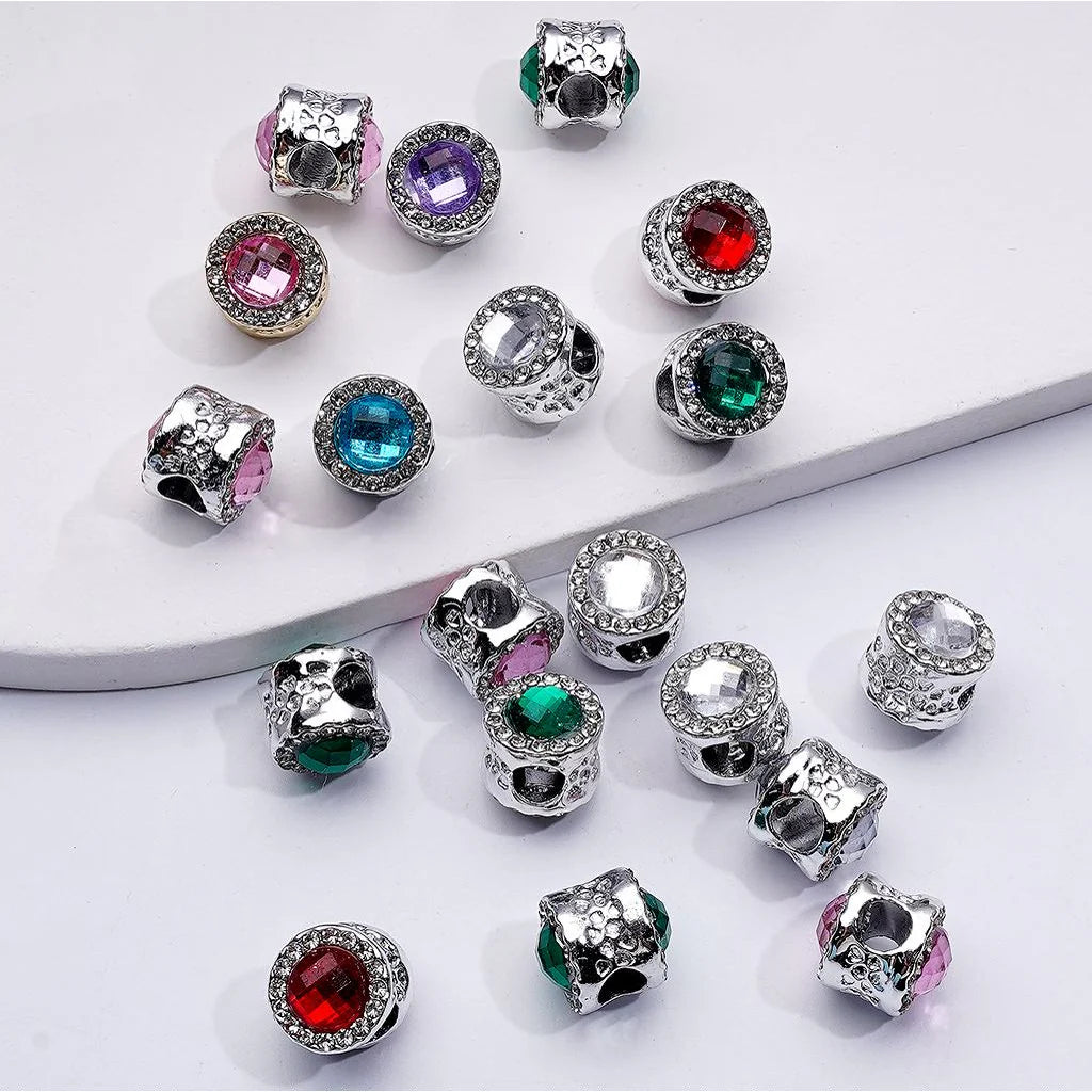 z-Gold Metal Beads Cylinder Shape Spacer with Colorful Rhinestones, Large Hole 10 MM