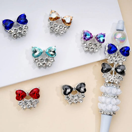 z-Silver Colored Metal Beads with Clear Multi-Color Rhinestones & Cute Fancy Heart Bowtie 23×20MM