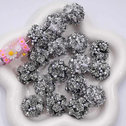 z-Fancy Shiny Silver Flowers White Pearls Round Clay Beads, 20MM
