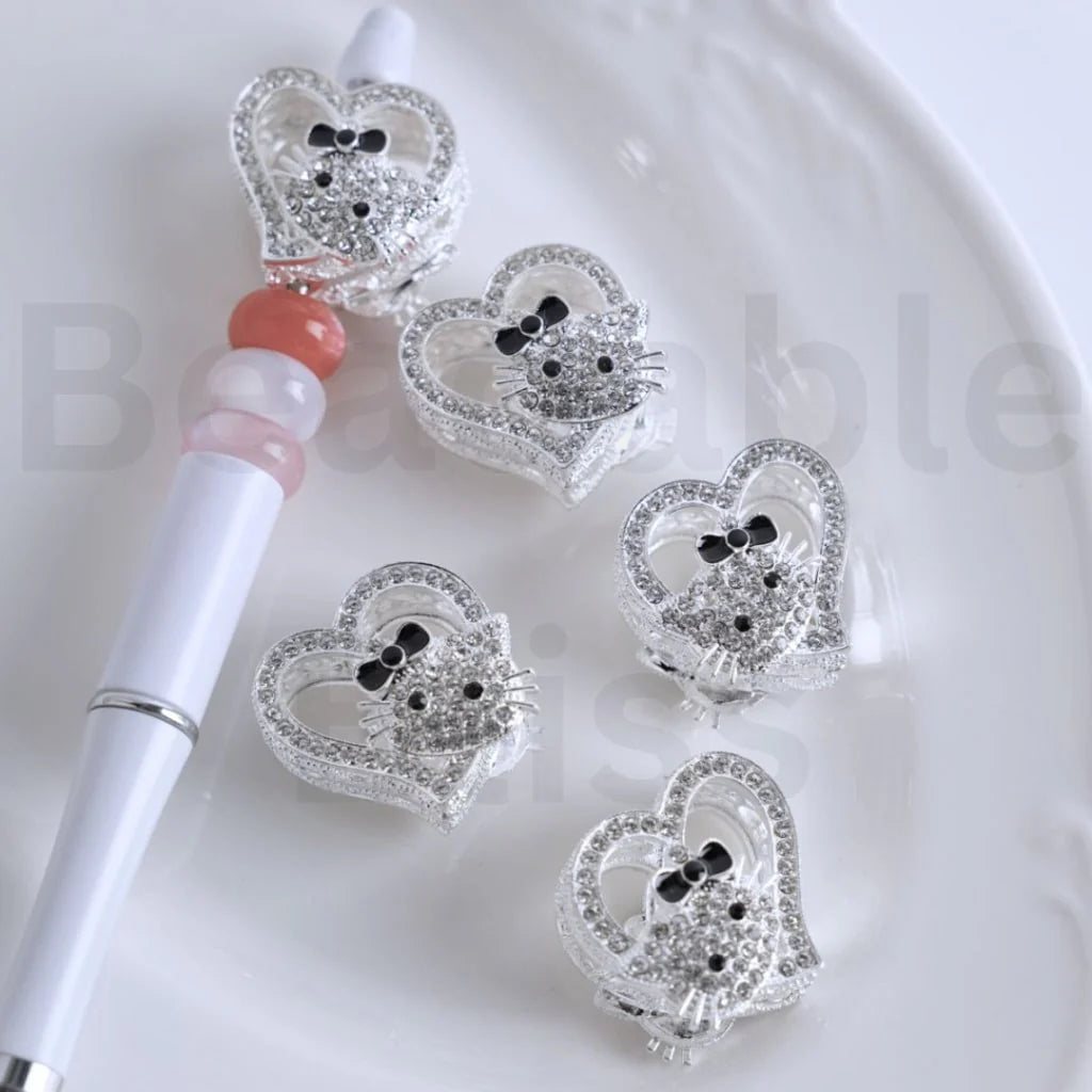 z-Silver Color Metal Beads Vivid Cute Cat Character Kitten with Clear Rhinestones, 27*28 MM Random Mix