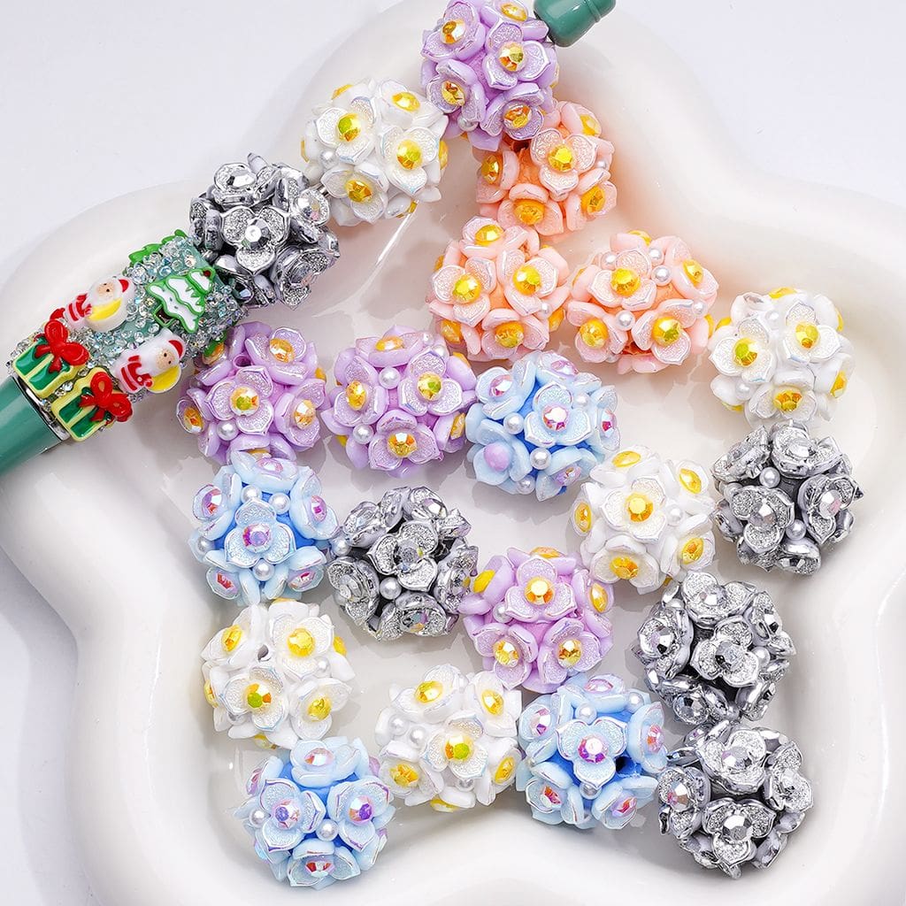 z-Clay Beads Shiny Cute Three-Petal Flower with Colorful Stamen White Pearls 20MM
