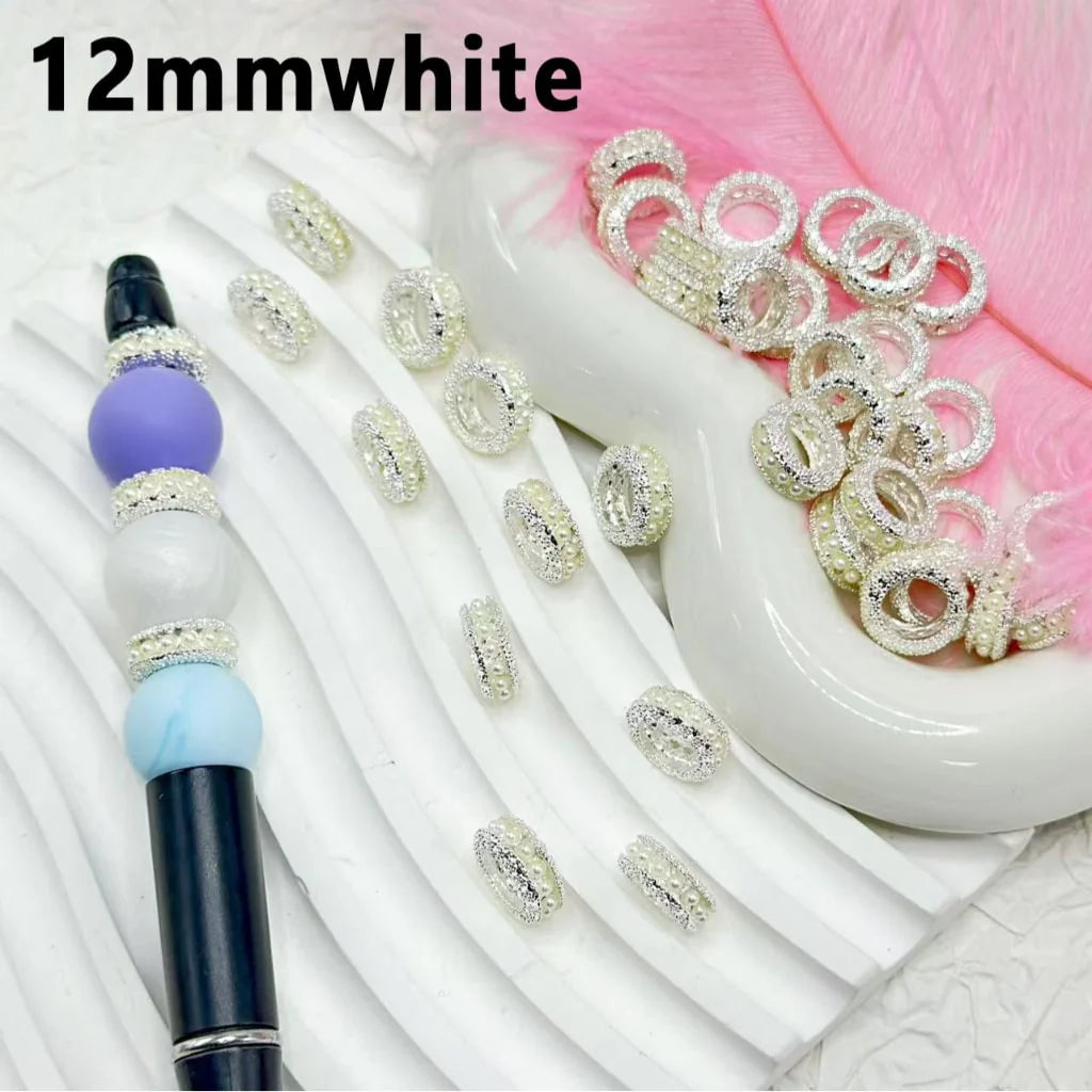 Z-Exquisite Silver Gold Metal Flat Round Spacer with White Pearls Chain, 12MM