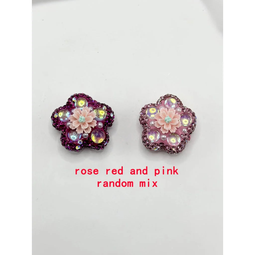 z-Flower Shape Clay Beads with Small Flower Pearls Clear Rhinestones in Solid Colors, 26MM by 26MM