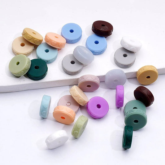 z-Mini Solid Color Hearts Prints Round Flat Silicone Spacer Beads, 12MM