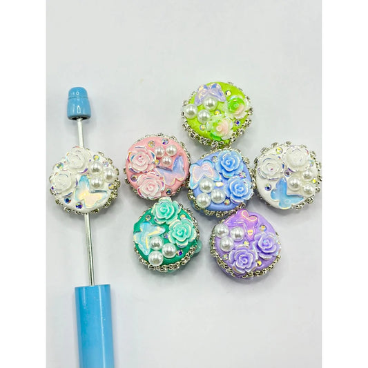 z-Bling Bling Flowers Butterflies White Pearls Rhinestone Chain Flat Round Clay Beads, Random Mix, 23MM