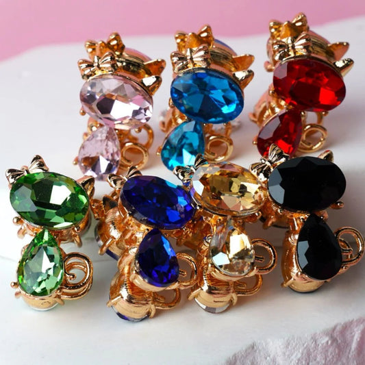 z-Vivid Gold & Silver Color Metal Beads with Cat with Colorful Rhinestones, Around 26*20 MM Random Mix