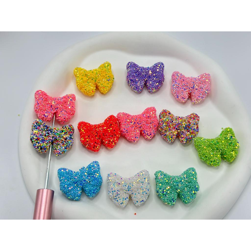 z-Acrylic Sugar Beads Bowtie Ribbon Shape in Sparkling Solid Color Flakes, 23MM by 30MM, Random Mix