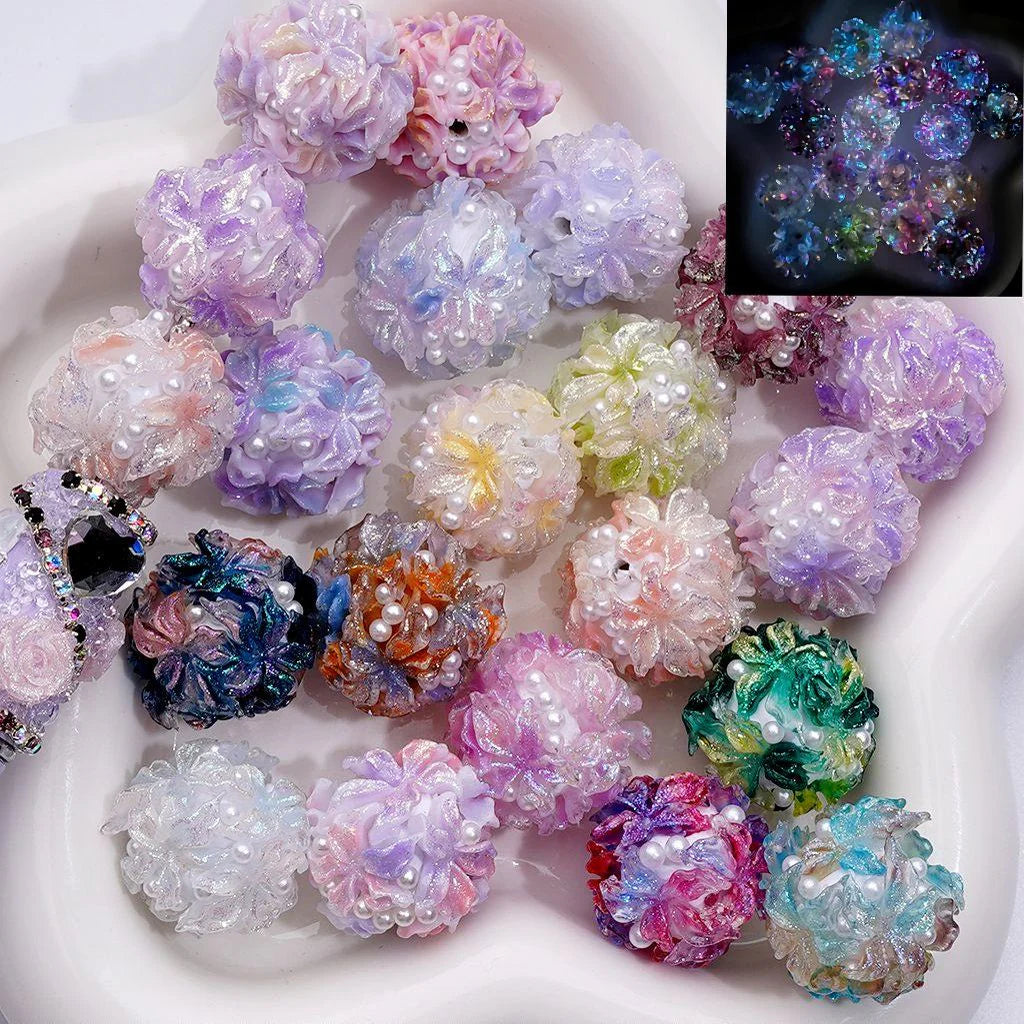 z-Bling Bling Luminous Glitter Cute Flowers White Pearls Round Clay Beads, Around 20MM, Random Mix