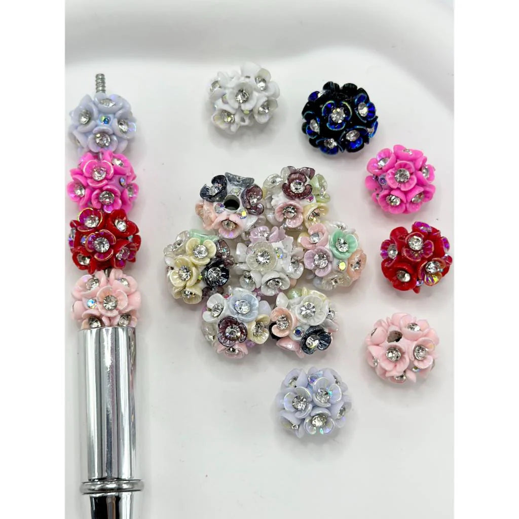 z-Small Clay Beads with Small Flowers Clear Diamond Inside and AB Color Rhinestones, 14mm, Random Mix