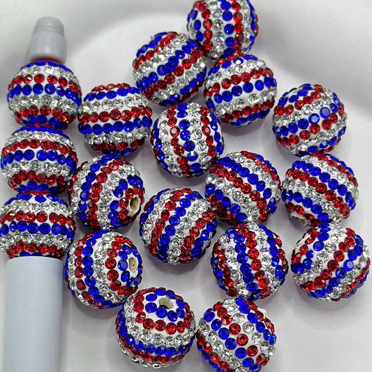 z-White Round Clay Beads with American Flag Colors Rhinestones, 16mm, Random Mix