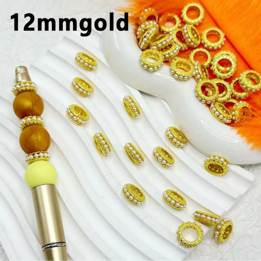 Z-Exquisite Silver Gold Metal Flat Round Spacer with White Pearls Chain, 12MM