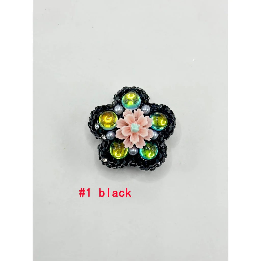 z-Flower Shape Clay Beads with Small Flower Pearls Clear Rhinestones in Solid Colors, 26MM by 26MM