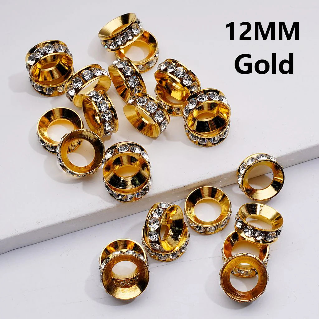 z-Gold & Silver Metal Beads Large Hole Ring Spacer with AB Clear Rhinestones, 12MM