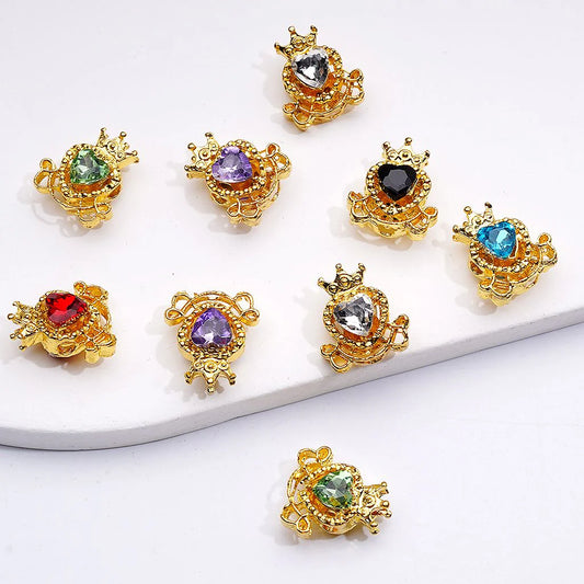 z-Gold Metal Beads Mini Fancy Heart with Crown & Shiny Heart Rhinestones, 14*16 MM