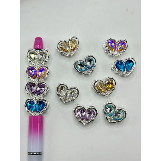z-Silver Metal Beads Vivid Heart with Translucent Rhinestones 20×15MM Random Mix