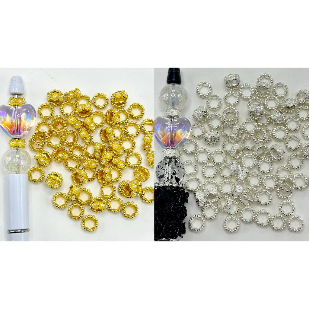 z-Beadable Metal Hexagon Spacer with Small Pearl, 10MM
