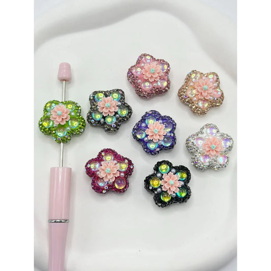 z-Flower Shape Clay Beads with Small Flower Pearls Clear Rhinestones in Solid Colors, 26MM by 26MM