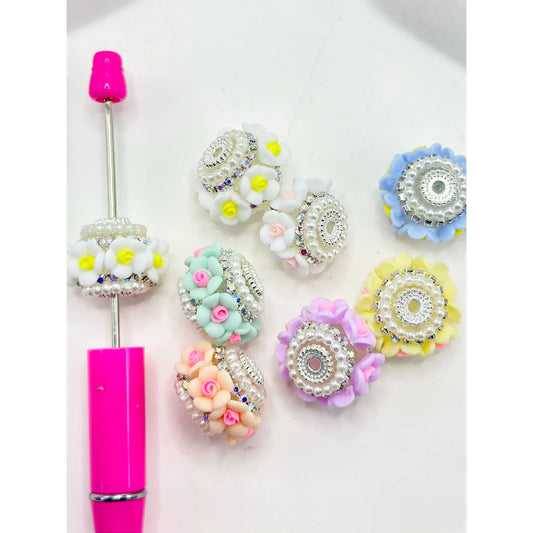 z-Silver Alloy Acrylic Beads with Small Flowers White Pearls AB Rhinestone Chain, Random Mix, 22MM
