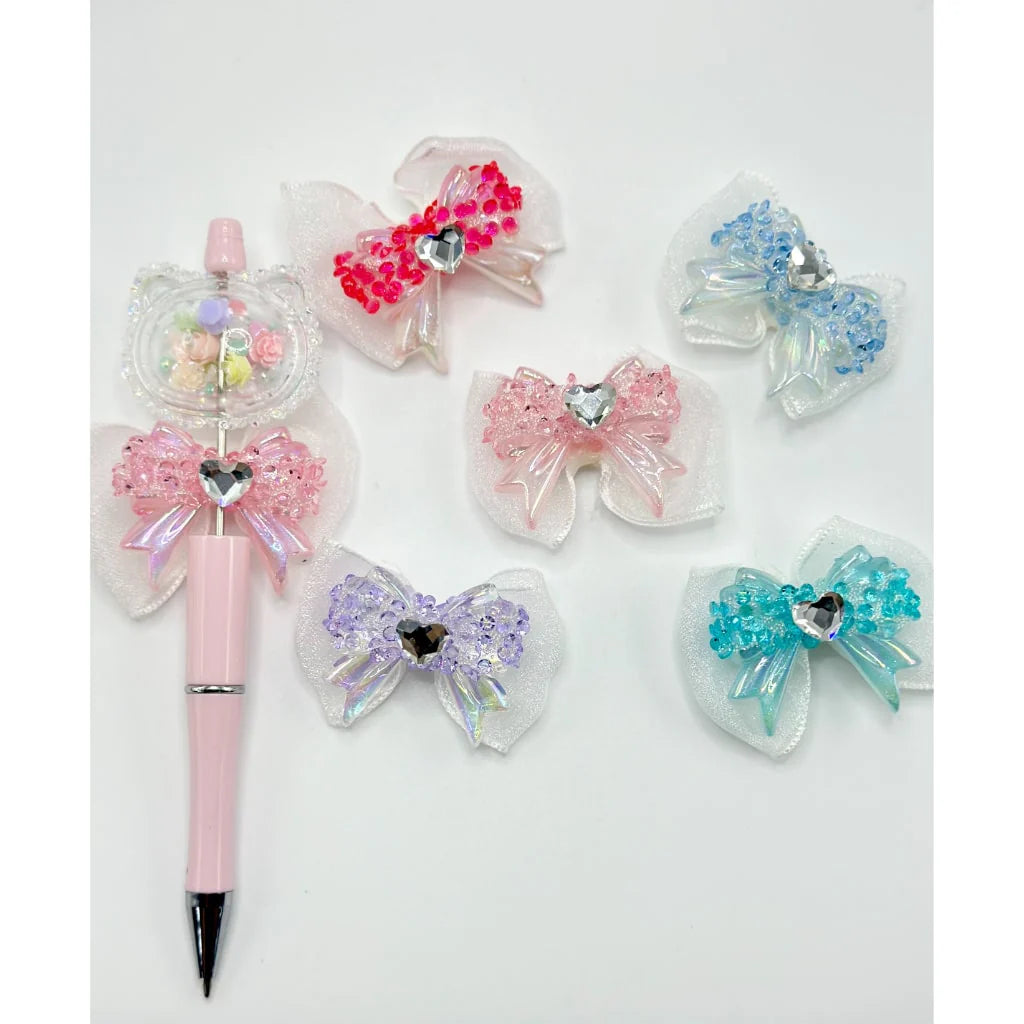 z-Butterfly Bowtie Sugar Acrylic Beads with Heart Rhinestone Gauze Bow, Random Mix, 38MM by 32MM