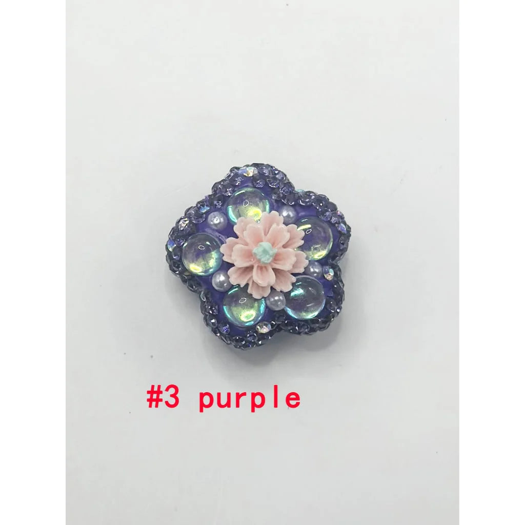 z-Flower Shape Clay Beads with Small Flower Pearls Clear Rhinestones in Solid Colors, 26MM by 26MM