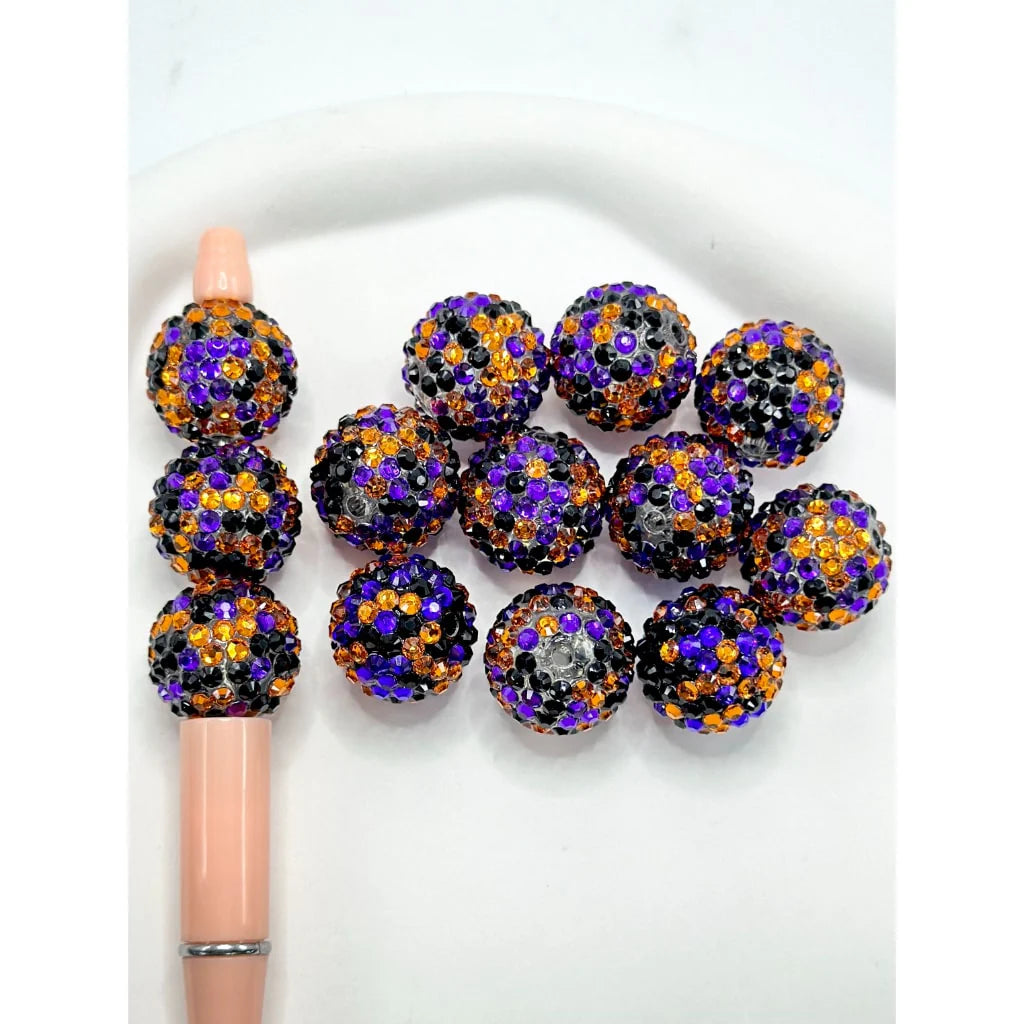 z-Clear Round Acrylic Beads with Black Purple Orange Rhinestones, 20MM