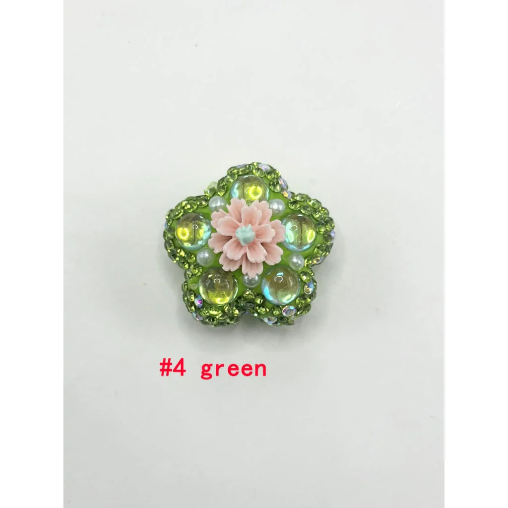 z-Flower Shape Clay Beads with Small Flower Pearls Clear Rhinestones in Solid Colors, 26MM by 26MM