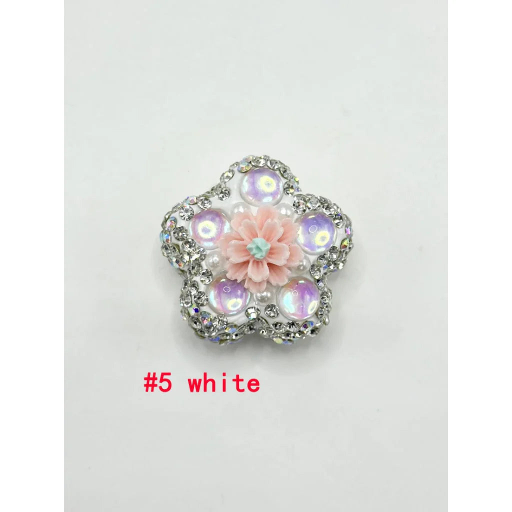 z-Flower Shape Clay Beads with Small Flower Pearls Clear Rhinestones in Solid Colors, 26MM by 26MM