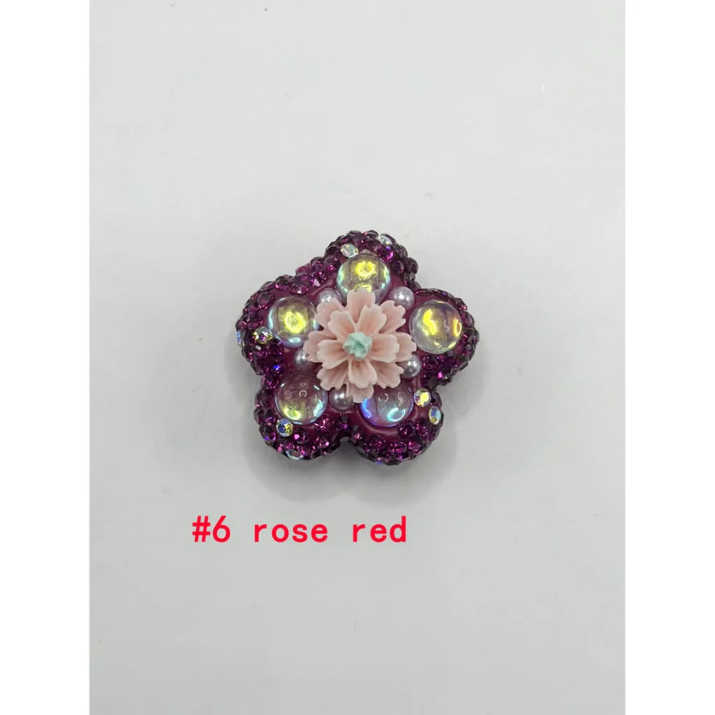 z-Flower Shape Clay Beads with Small Flower Pearls Clear Rhinestones in Solid Colors, 26MM by 26MM