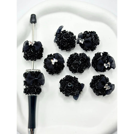 z-Black Round Acrylic Beads with Small Flowers and Bowtie, 24MM