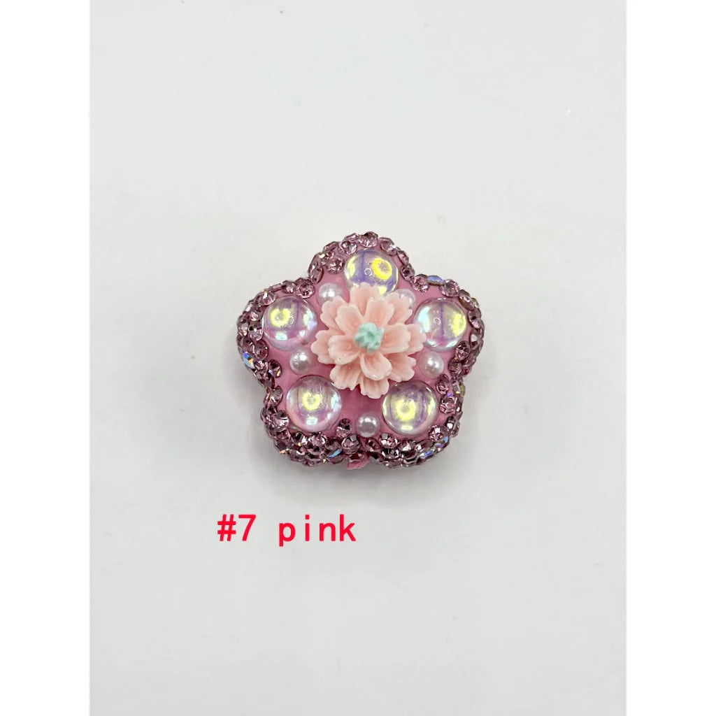 z-Flower Shape Clay Beads with Small Flower Pearls Clear Rhinestones in Solid Colors, 26MM by 26MM