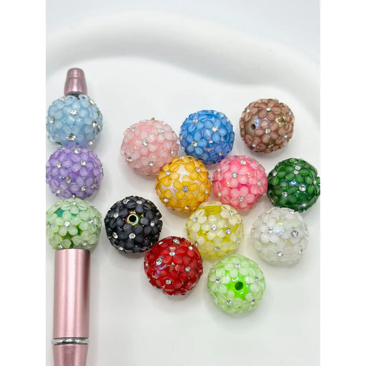 z-Solid Color Acrylic Beads with Small Flowers and Bumpy Clear Rhinestones, Random Mix, 20MM