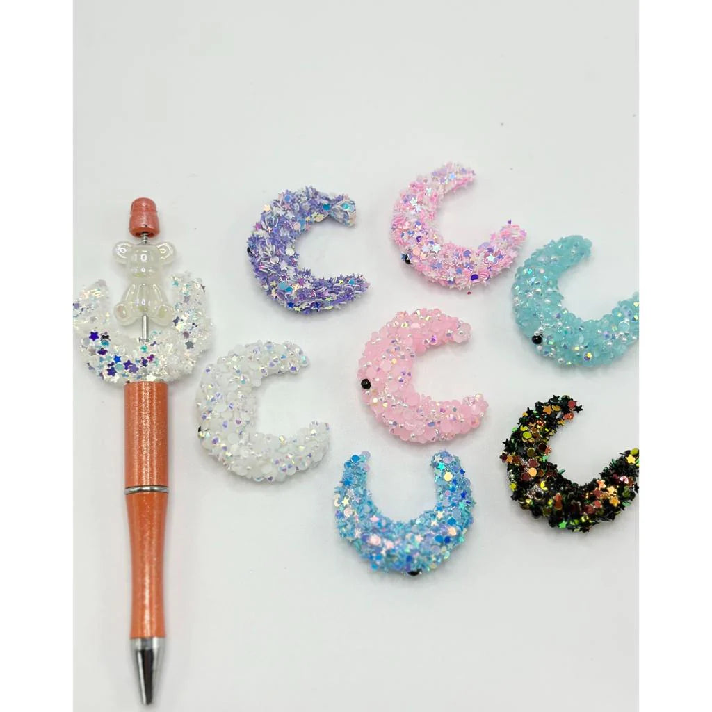 z-Crescent Moon Shape Acrylic Sugar Beads with Sparkling Color Flakes, Small White Pearls and Small Rhinestones, 38MM, Random Mix