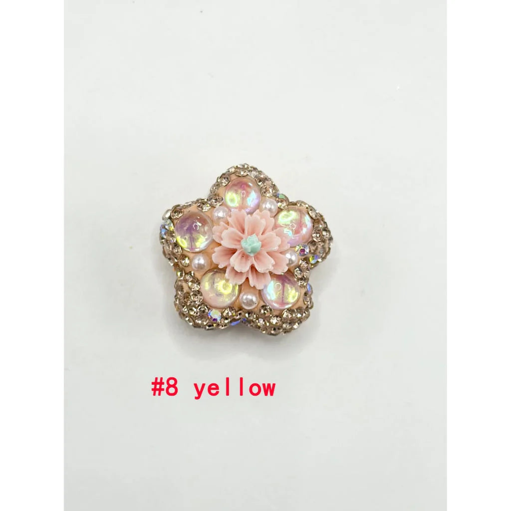 z-Flower Shape Clay Beads with Small Flower Pearls Clear Rhinestones in Solid Colors, 26MM by 26MM