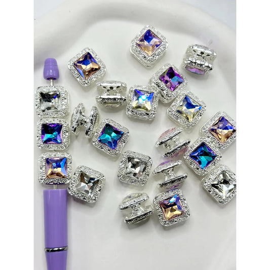 z-Silver Metal Beads Double Layer Square Rhinestone, Random Mix, 16MM